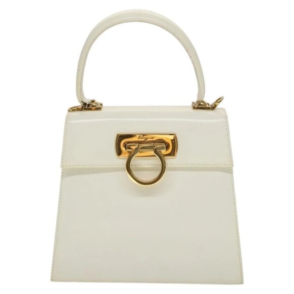 Salvatore Ferragamo Gancini Hand Bag Leather 2way White Gold Auth 134575 - Picture 2 of 16